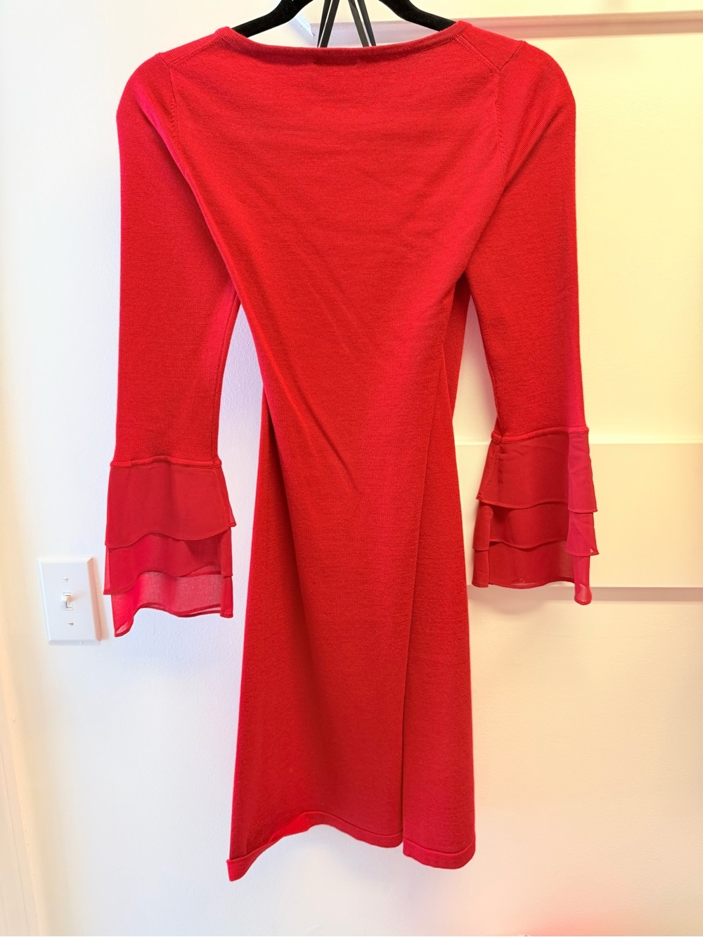 Calvin Klein Red Long-Sleeve A-Line Dress with Tiered Sheer Cuffs - Picture 4 of 6